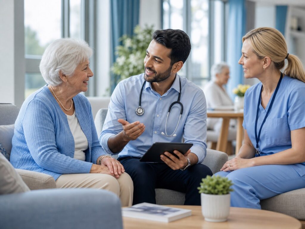 GP and nurse speaking with an older resident in an aged care lounge