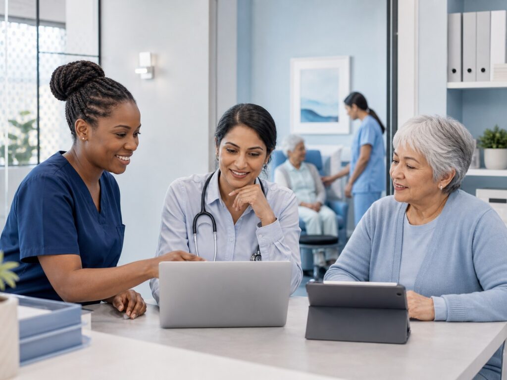 Diverse clinicians and older resident reviewing care information together