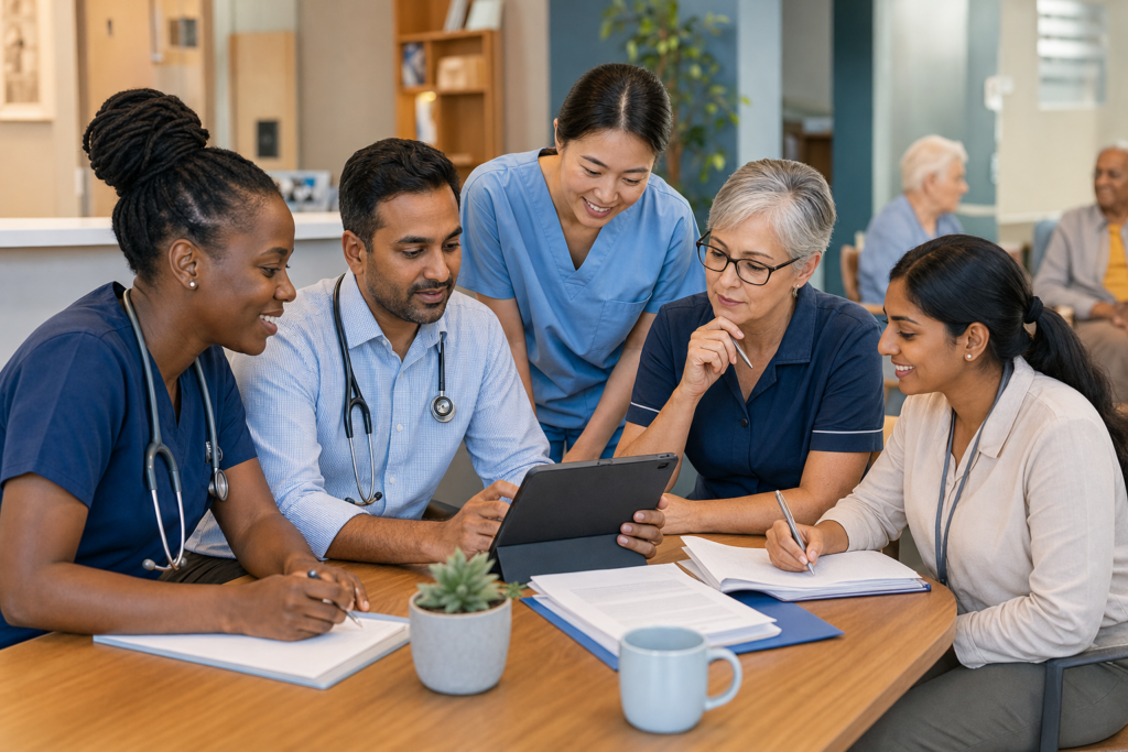 Diverse doctor, nurse and coordinator reviewing aged care administration before facility rounds