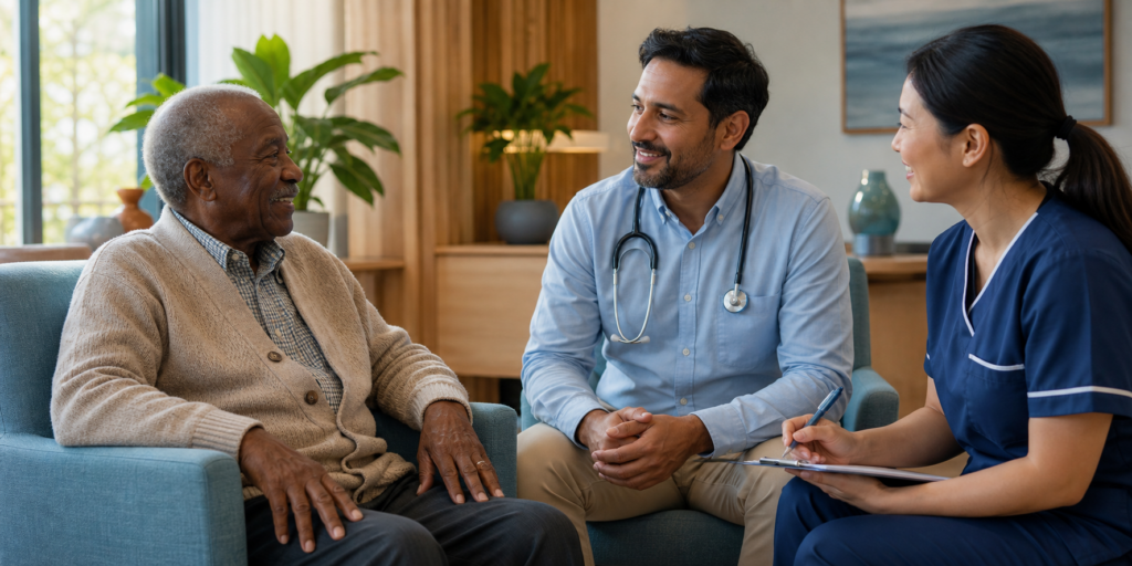 GP, nurse and older resident from different backgrounds in a warm aged care lounge