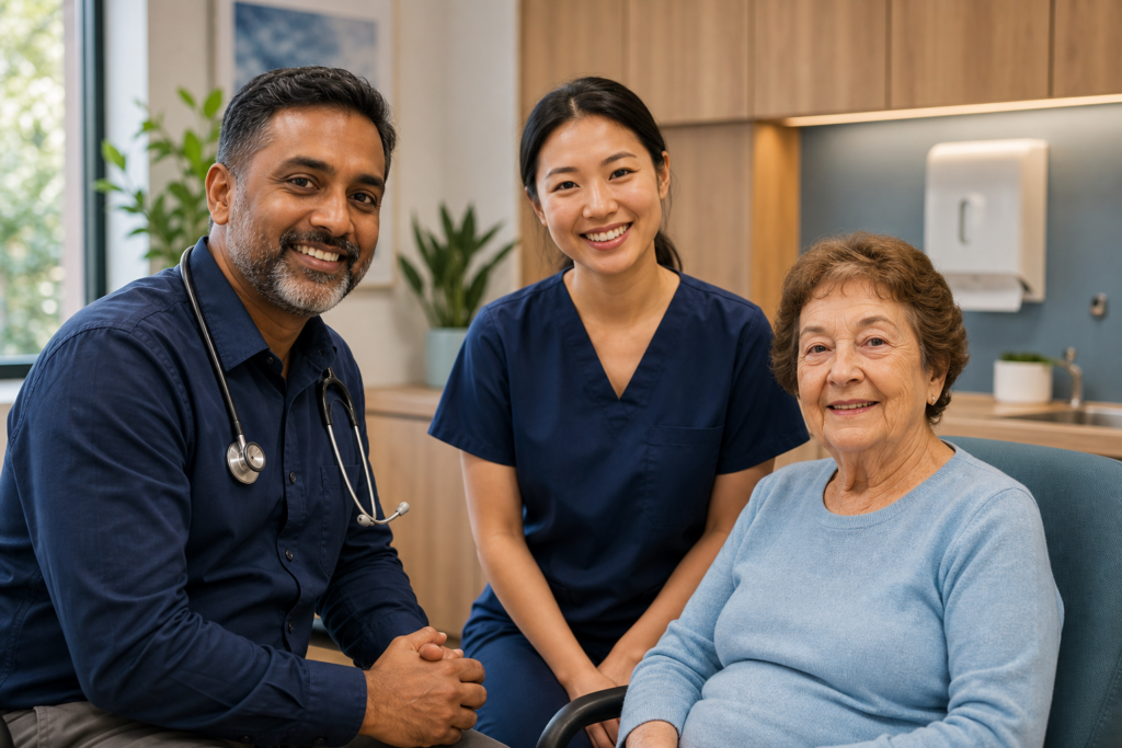 GP, nurse and older patient from different backgrounds in a warm clinic setting