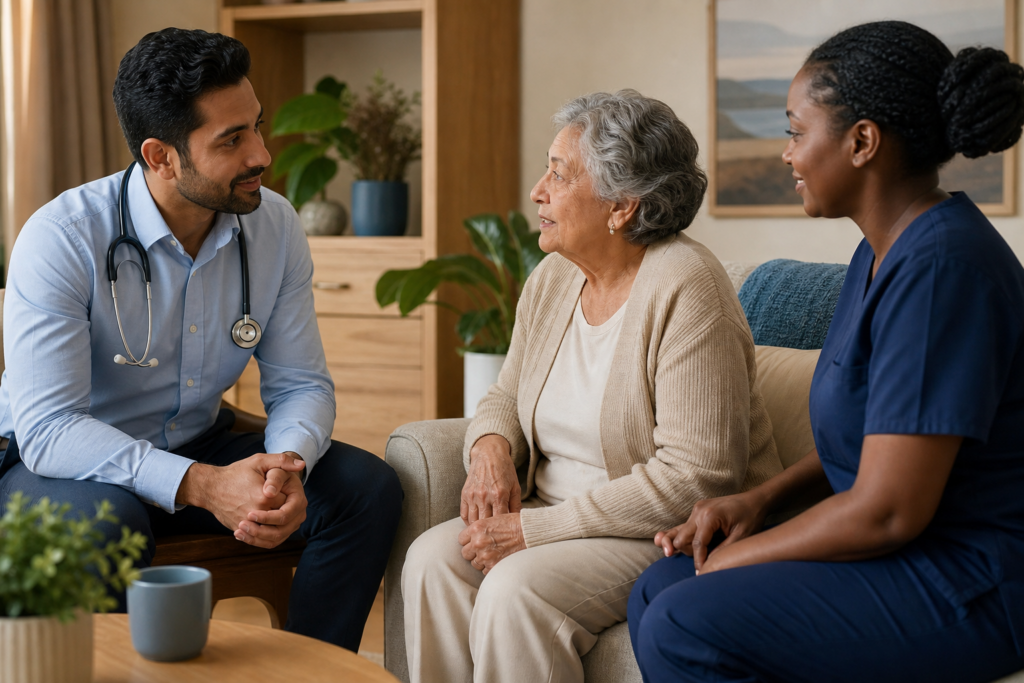 GP, nurse and older resident from different backgrounds discussing care