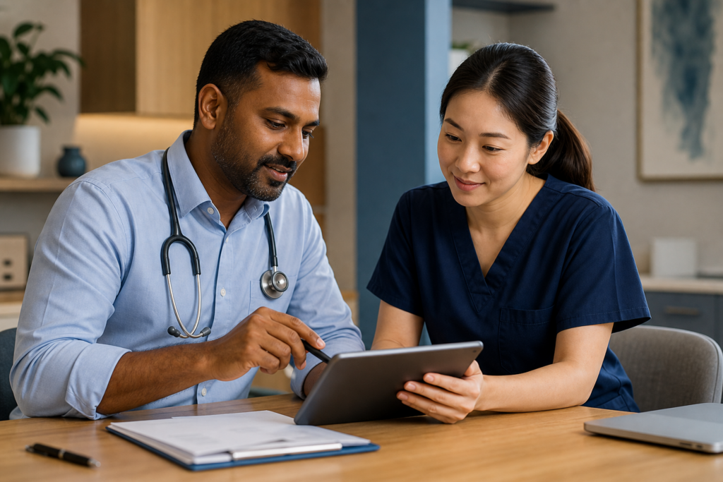 Two clinicians from different backgrounds preparing aged care visit notes